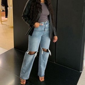 Ripped Knee Distressed Hem Straight Leg Jeans